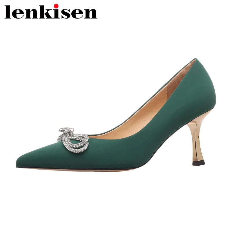 

Lenkisen Full Grain Leather Pointed Toe Thin High Heel Rhinestone Butterfly-knot French Romantic Luxury Mature Women Pumps L65