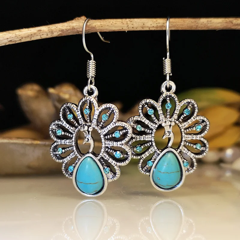 

2022 New Water Drop Pear Shape Turquoise Peacock Earrings Retro Tibetan Silver Color Diamond Earrings Women's Earrings Jewelry