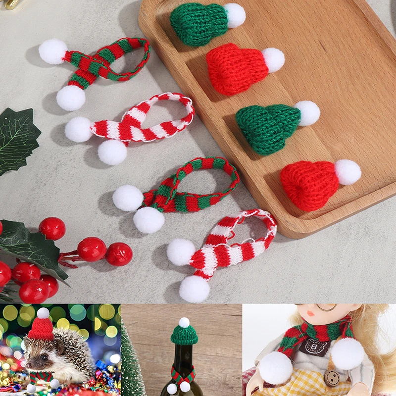 

1 набор, ВЯЗАНАЯ МИНИ-шапка, шапка, шарф, Женский Рождественский Декор для дома, крышка для винной бутылки, маленькие шапочки для домашних жив...