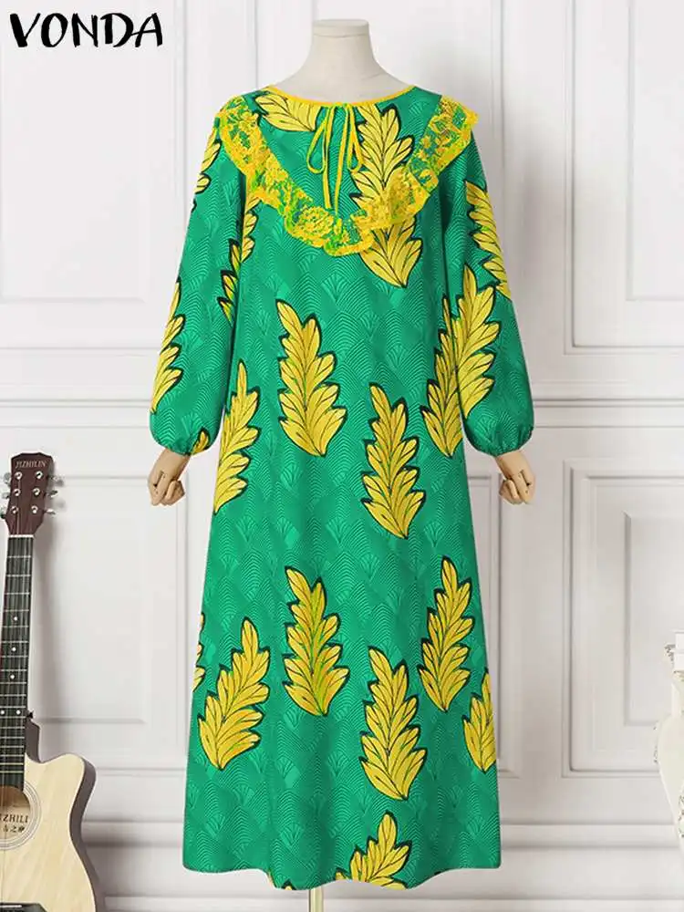 Plus Size 5XL VONDA Summer Women Evening Maxi Dress Vintage Floral Printed Lace Sundress Long Sleeve Bohemian Beach Robe Femme