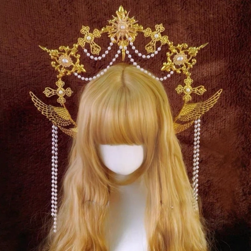 Фото Y3NE Angel Halos Crowns Marys Goddesses повязка на голову золотые диадемы Короны Лолита Косплей Хэллоуин Костюм Головной убор №1