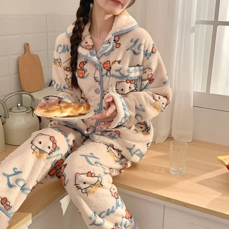 

HelloKitty Sanrio Kawaii Anime Plush Pajama New Cute Flannel Winter Cardigan Warm Home Student Bathrobe Set Birthday Girl Gift