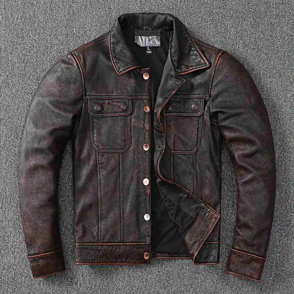 

2022 New Vintage Brown Workwear Style Cowboy Genuine Leather Jacket Natural Cowhide Coat Men's Stone Mill Old Style Clothes
