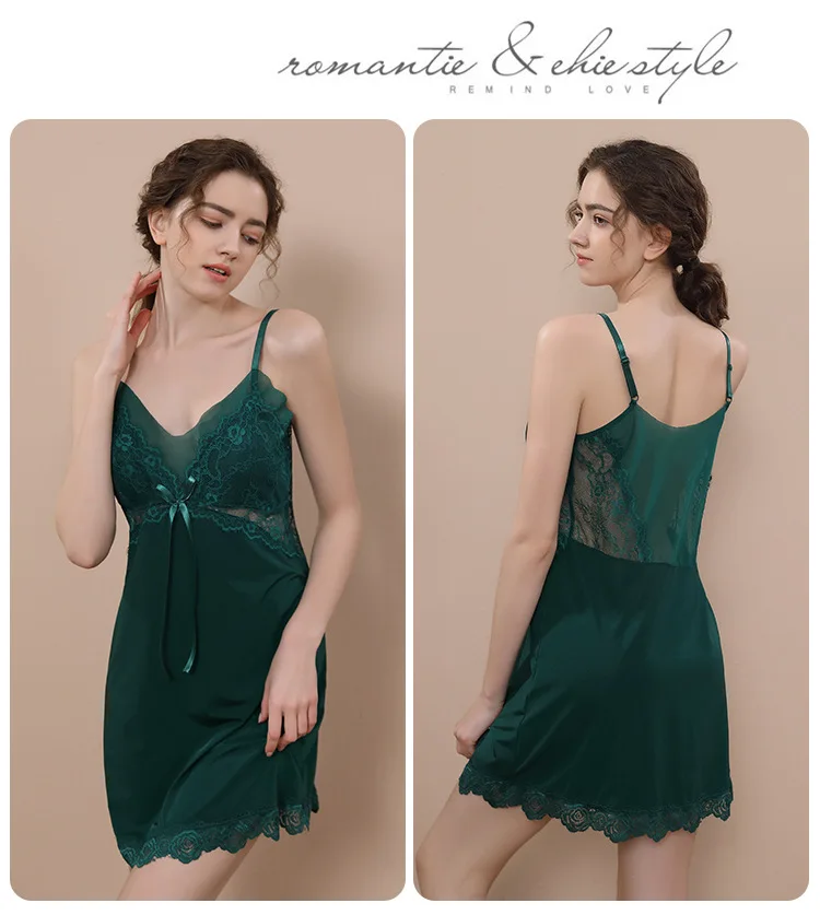 

Summer new women's pajamas with chest pad ice silk lace night clothes sexy suspender nightdress suit with briefs pajamas