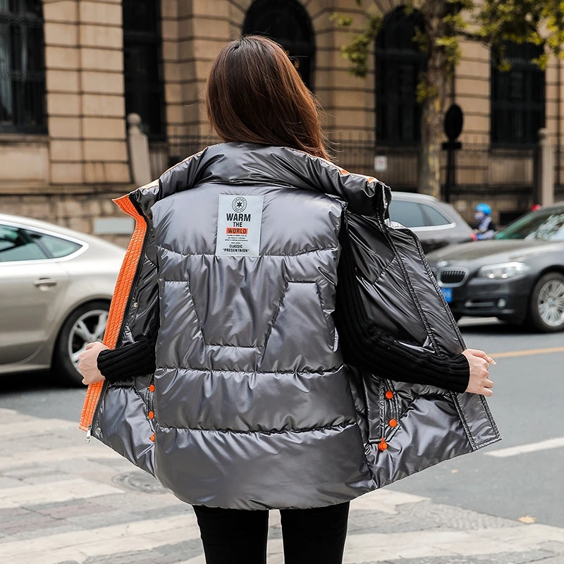 Women'S Down Cotton Tank Top Winter Warm Coats Vest Gray Polyester High Collar Patchwork Short Parkas Female Sleeveless Jackets