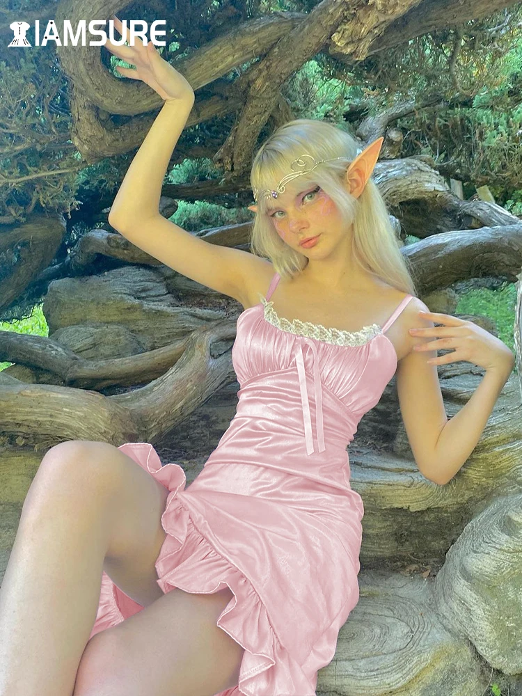 

IAMSURE Sweet Cute Lace A-Line Dress Sexy Slim Solid Ruffles Sleeveless Slash Neck Mini Dresses For Women 2022 Summer Ladies