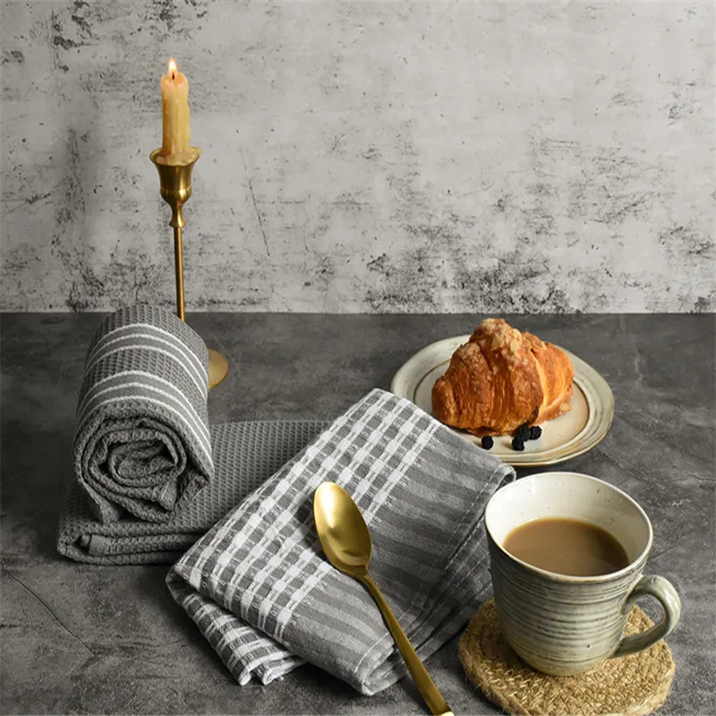 

Free Shipping 45x65cm Cotton Natural Linen Flowe Gray Waffle Strip Napkin Tablecloth Cup Mat Blanker Place Living Decorate