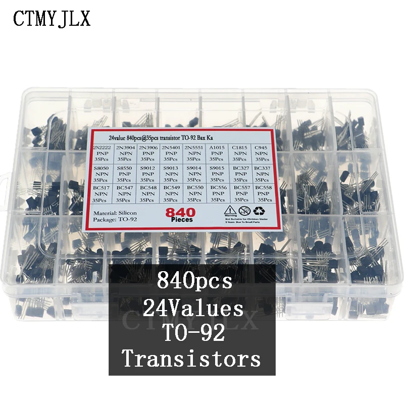 

840pcs 24Values TO-92 PNP/NPN Transistor BC547 BC327 BC337 2N2222 3904 3906 C945 Transistors set DIY Electronics Assortment Kit