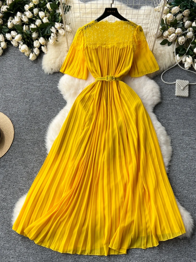 Женское элегантное Плиссированное длинное платье летние кружевные винтажные