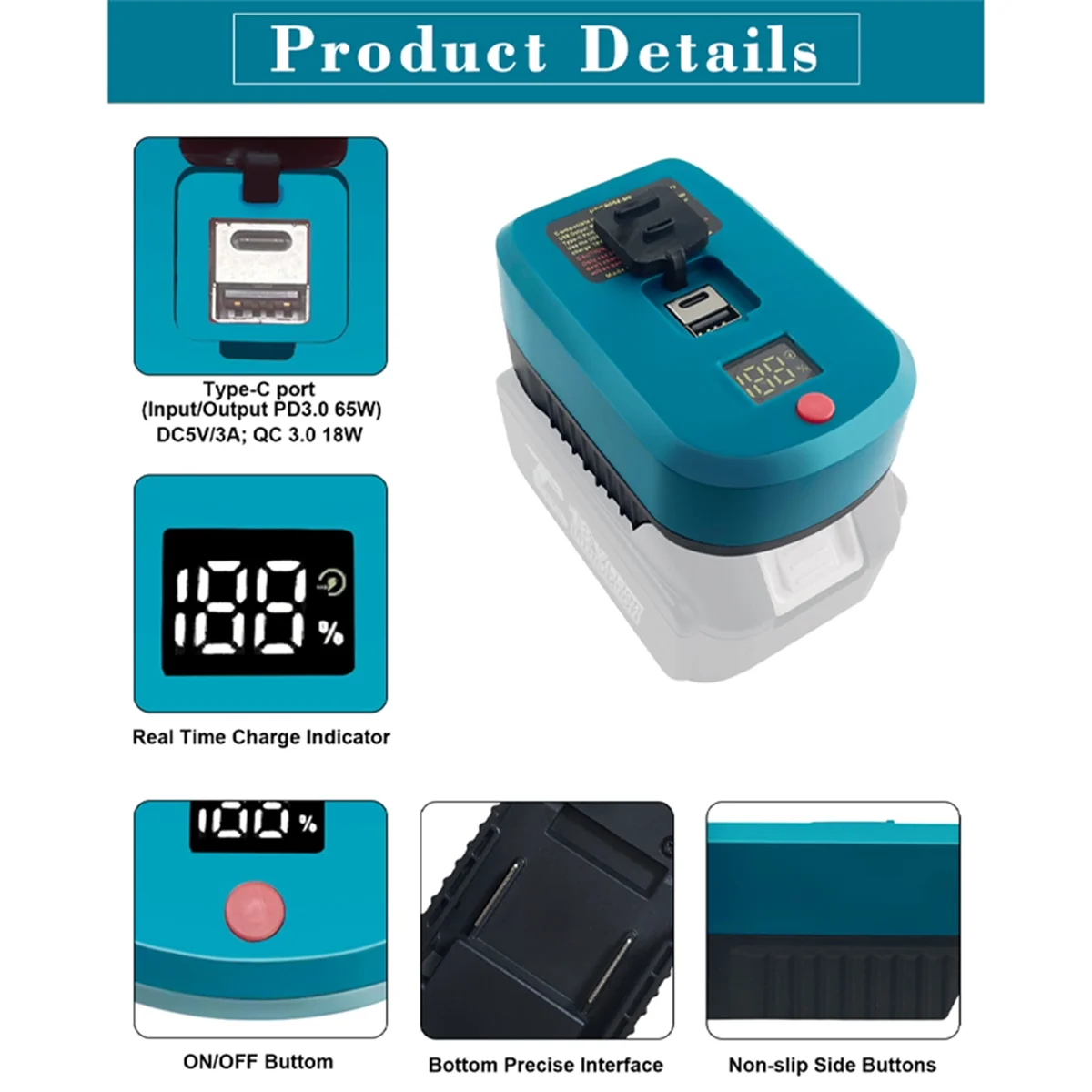 Зарядное устройство-адаптер мощностью 65 Вт для литий-ионного аккумулятора Makita 18