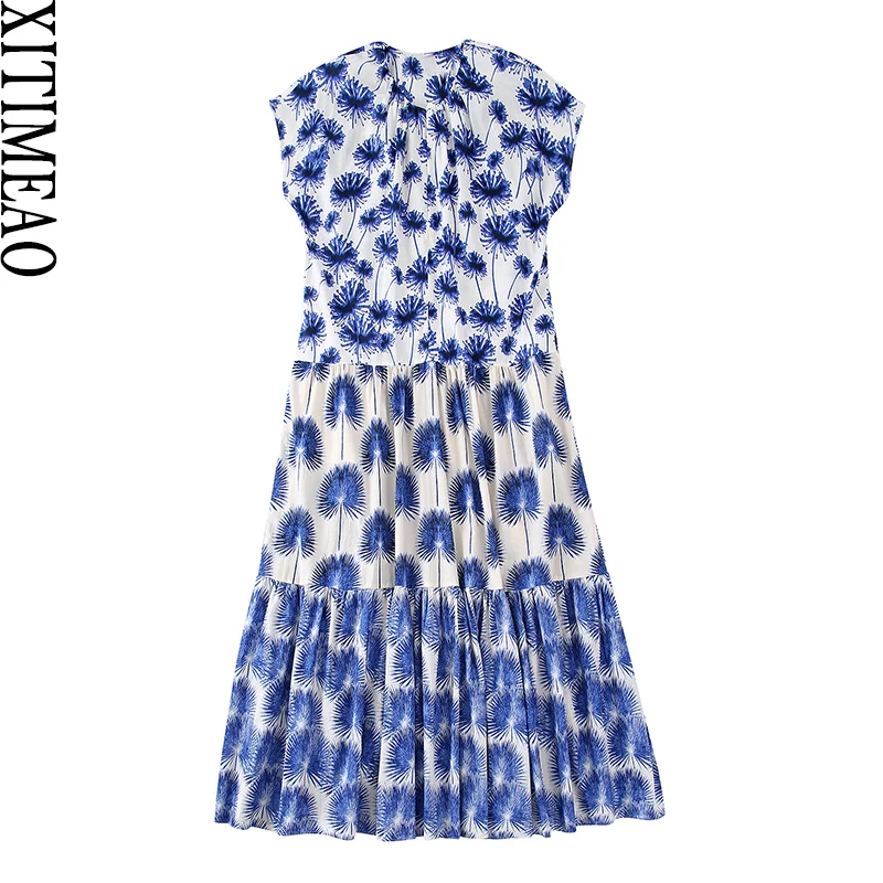 

Xitimeao Summer Women Fashion Printed Midi Dress Vintage O Neck Short Sleeve Female Dresses Vestidos Mujer