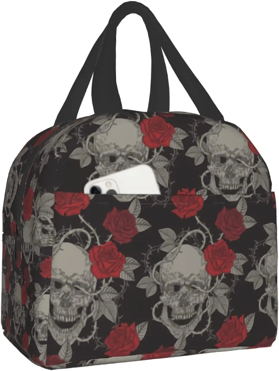 

Skull And Red Roses Lunch Bag Goth Cooler Bag Vintage Insulated Bag for Women Men Teen Girls Boys Office Work School Beach
