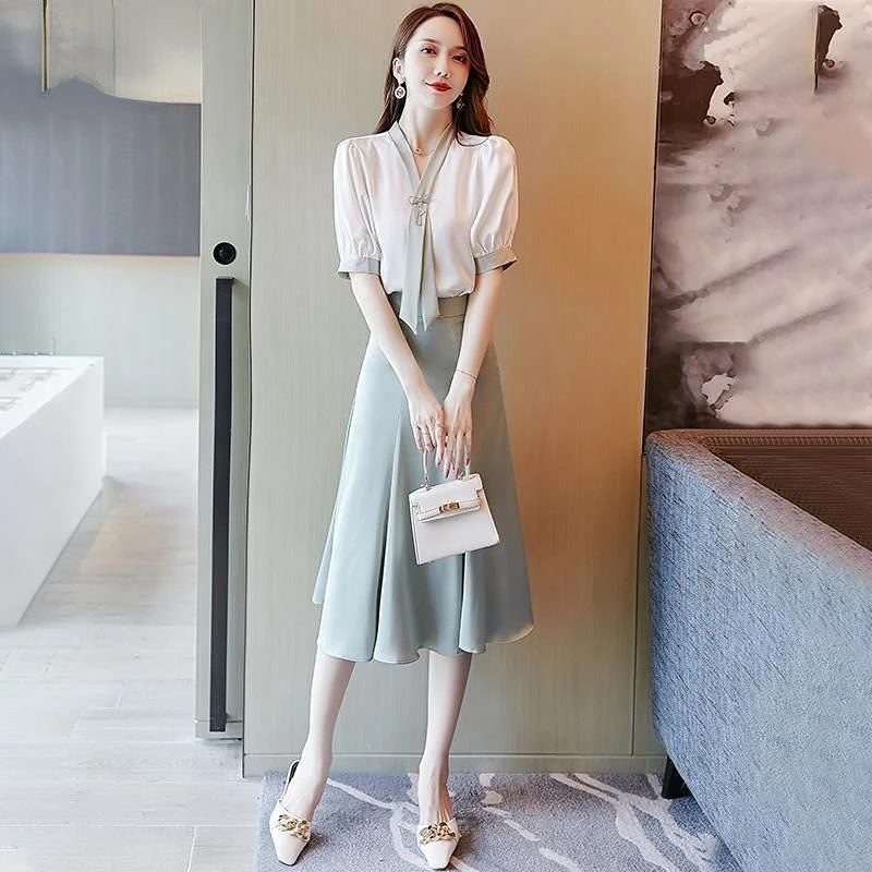 

Women 2022 Summer New Fashion 2 Piece Sets Female Short Sleeve Chiffon Shirt Tops + Loose A-line Skirts Ladies OL Suits F179