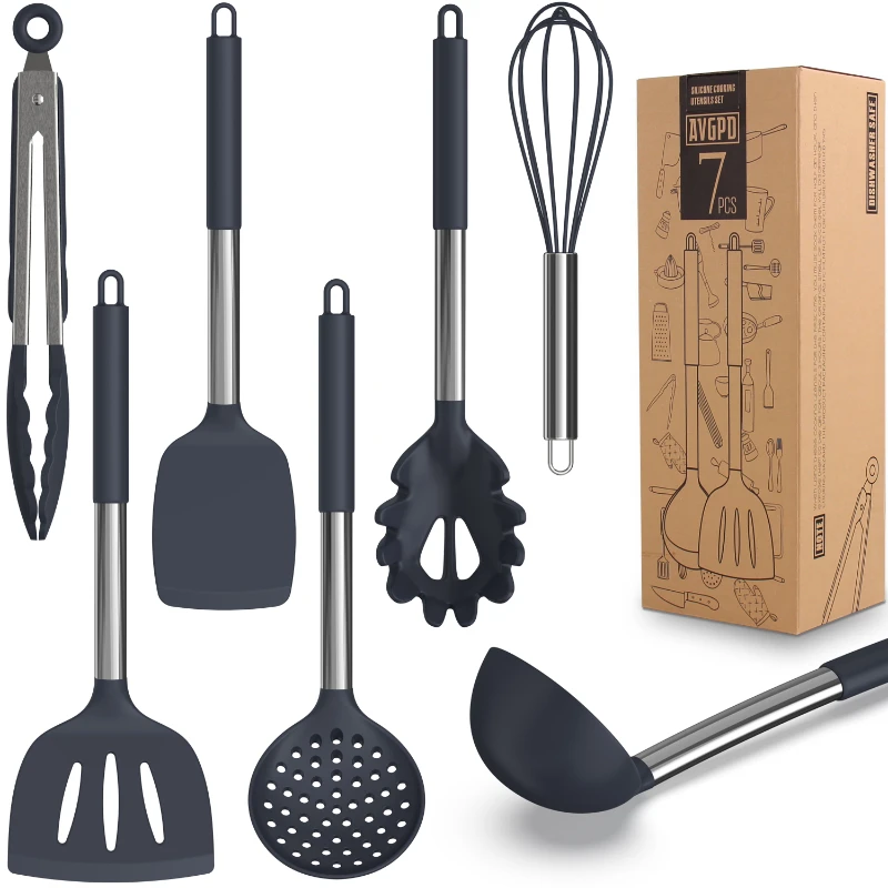 

Dishwasher Safe Silicone Cooking Utensils - Heat Resistant Kitchen Utensil Set with Stainless Steel Handle, Spatula,Turner, Slot