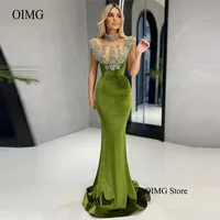 OIMG Shiny Crystal Stones Velvet Mermaid Evening Dresses Light Green High Neck Cap Sleeves Dubai Arabic Women Formal Prom Dress