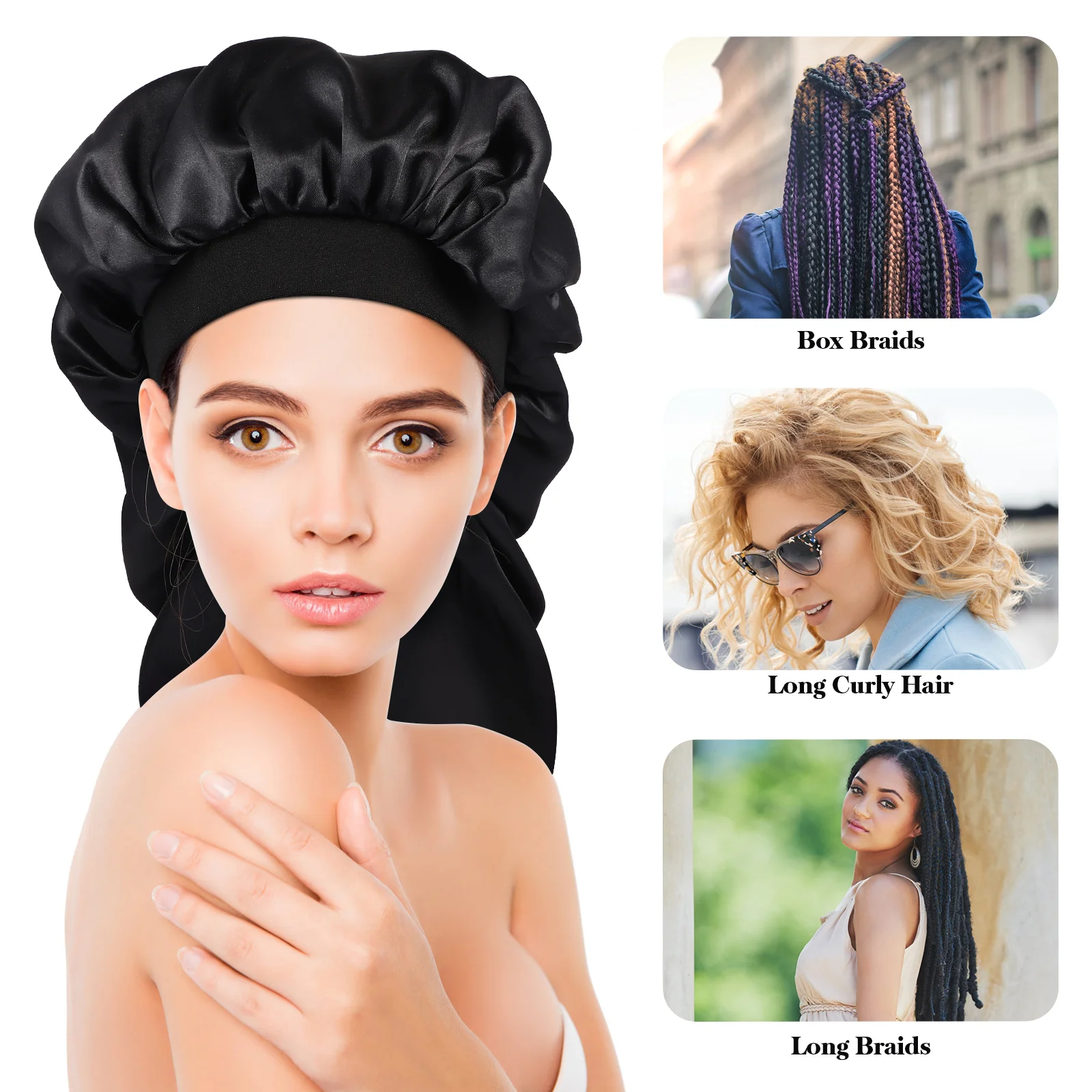 

3 Pcs Set Three Piece Turban Cap Miss Dreadlock Hair Tie Night Sleeping Satin Braid Bonnet Elastic