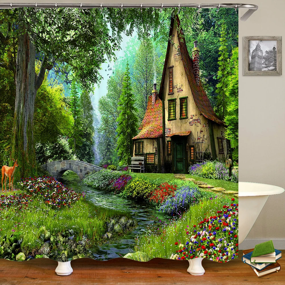 

3D European Rural Town Landscape Shower Curtain Bathroom Waterproof Shower Curtains Polyester Painted Scenery Curtain Home Decor
