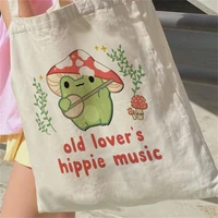 women canvas shoulder bag cute frog letter print ladies casual handbag tote bag reusable large capacity fairy shopping beach bag