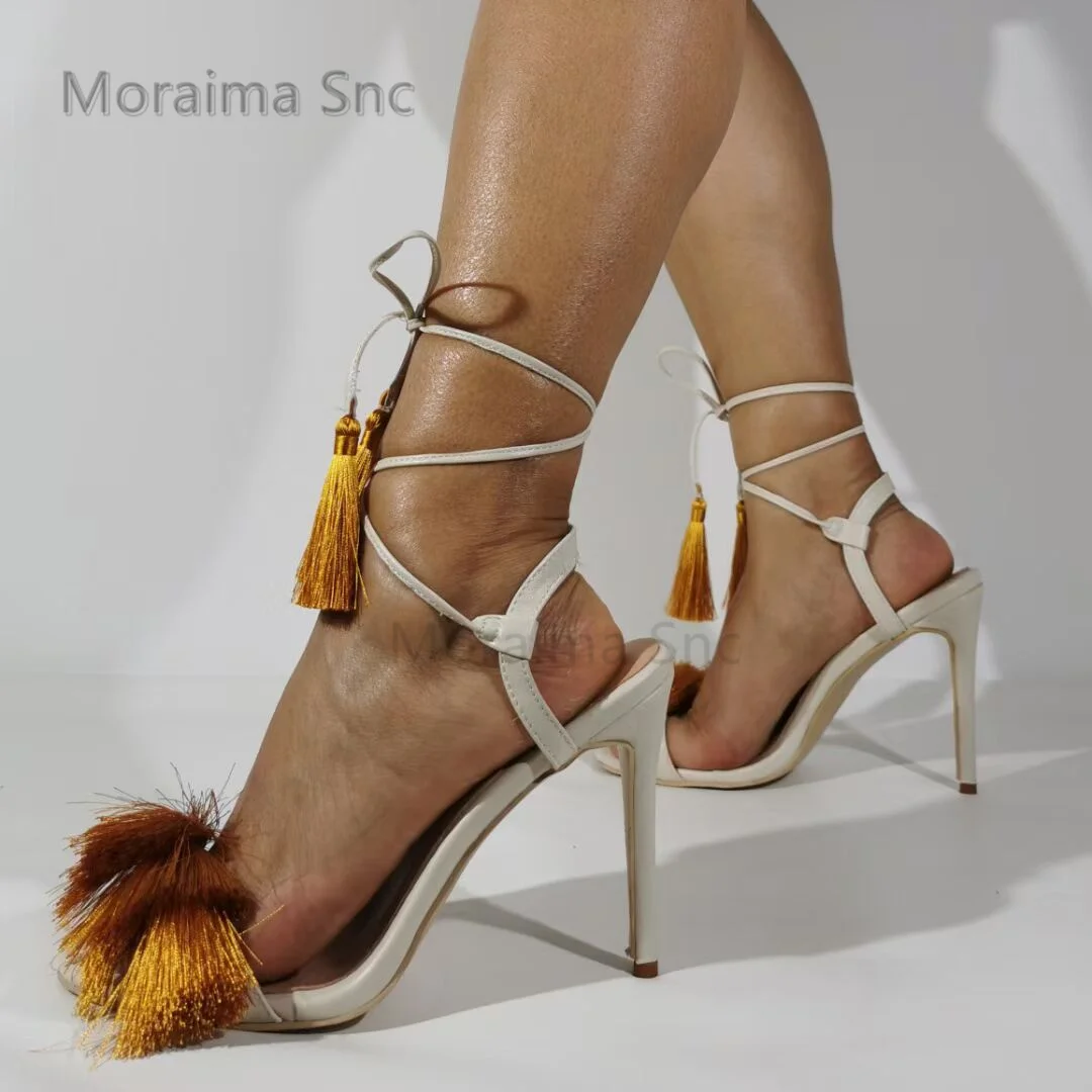 Tassel High Heels Strappy Sandals for Women Summer Stiletto Fashion Ankle Strap Open Toe Ladies Shoes White Wedding Shoe Bride