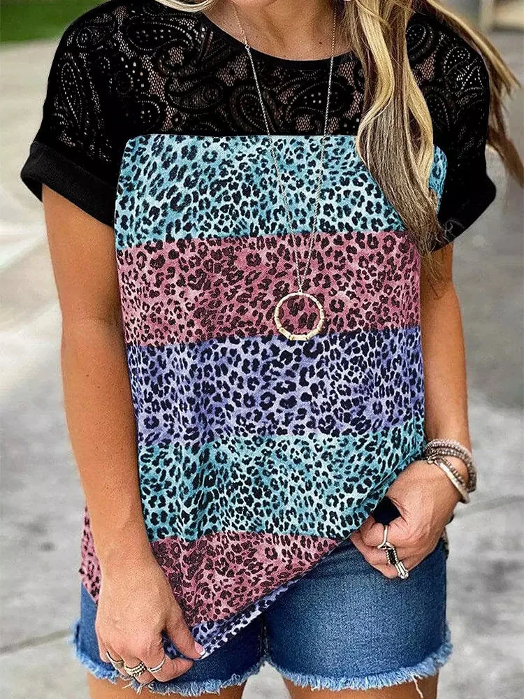 

Кружевной топ ephex с леопардовым принтом, женская одежда, летние топы с коротким рукавом, Повседневная футболка с круглым вырезом, одежда