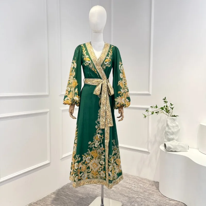 

Женское винтажное платье-миди из натурального хлопка, зеленое платье с запахом и рукавами-фонариками, V-образным вырезом, 2023