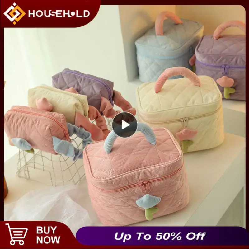 

Saving Space Cream Lamp Corduroy Basket Handbags Portable Storage Bag Female Travel Make Up Bag Tulips Makeup Bag Women's Bags