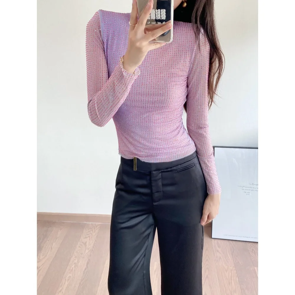 

Autumn New 2023 Gradient Print Hot Drilling Blouse Double Mesh Fashion Button Collar Temperament Personality Women Long Sleeve