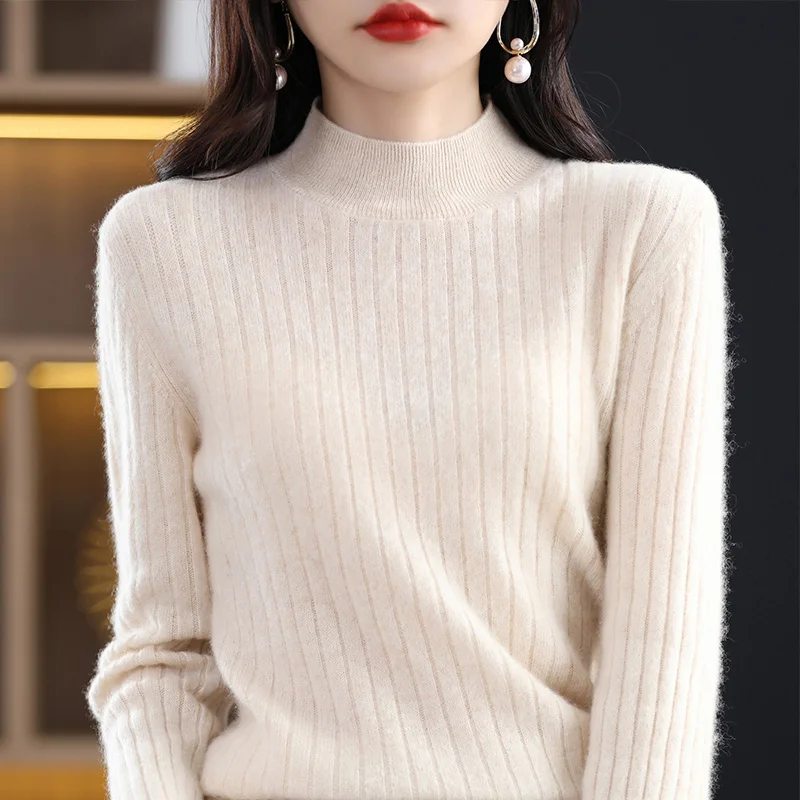 

New Sweater Women's Half High Collar Pullover Long Sleeve Knitted Simple Solid Color Versatile Warm Autumn Winter Sweater 2022