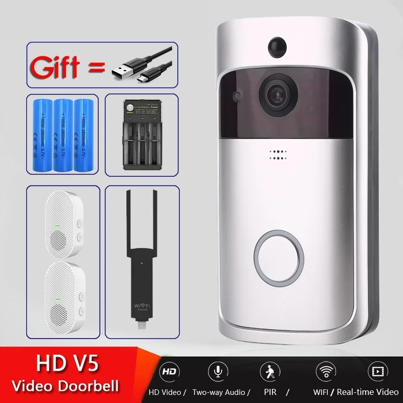 

V5 умный Wi-Fi видеозвонок, камера, визуальный домофон с сигналом, ночное видение, IP дверной звонок, беспроводная домашняя камера безопасности