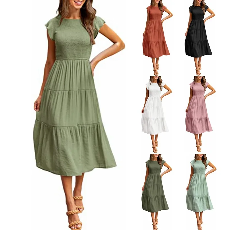 

Solid Color Women's Dress Feifei Short Sleeve Pleating Layered Round Neck Short Sleeve Large Swing Dress Elastic Waist Sexy