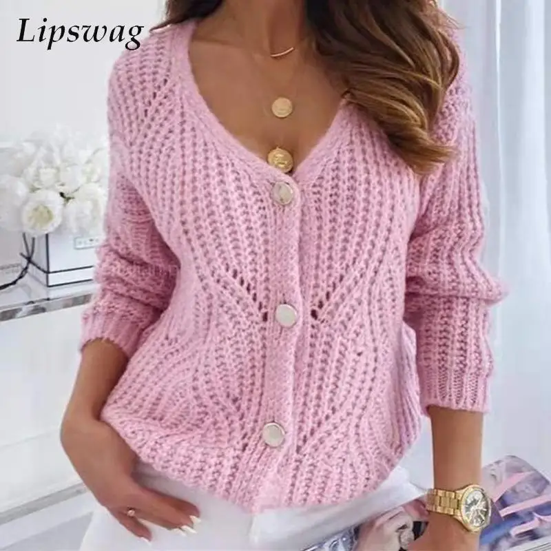 

Casual Long Sleeve Autumn Knitted Sweater Women Sexy V Neck Hollow Cardigan Tops Fashion Solid Single-breasted Lady Sweater 2022
