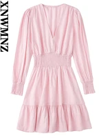 xnwmnz 2022 women fashion with ruffled linen mini dress vintage long sleeve elastic waist female dresses vestidos mujer