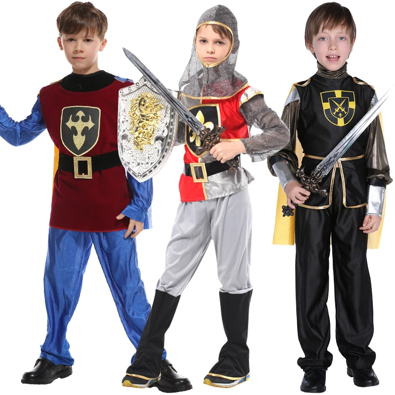 

Kids Boys Royal Warrior Knight Costumes Halloween Soldier Children Medieval Roman Attached Cape Christmas Party No Weapon