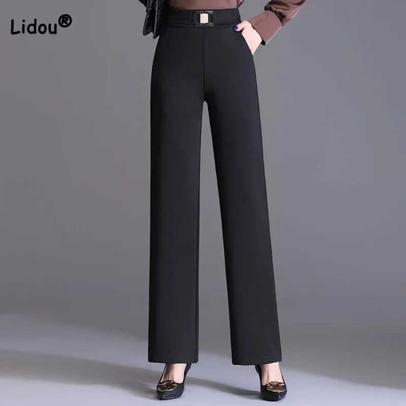 

Spring Summer for Women New Elastic Draping High Waist Slim Fit Trousers Black Versatile Pockets Suit Wide Leg Nine Points Pants