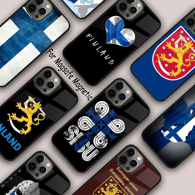 Магнитный чехол для телефона с флагом Финляндии в стиле гранж APPLE iPhone 16 14 13 12 11 Pro Max