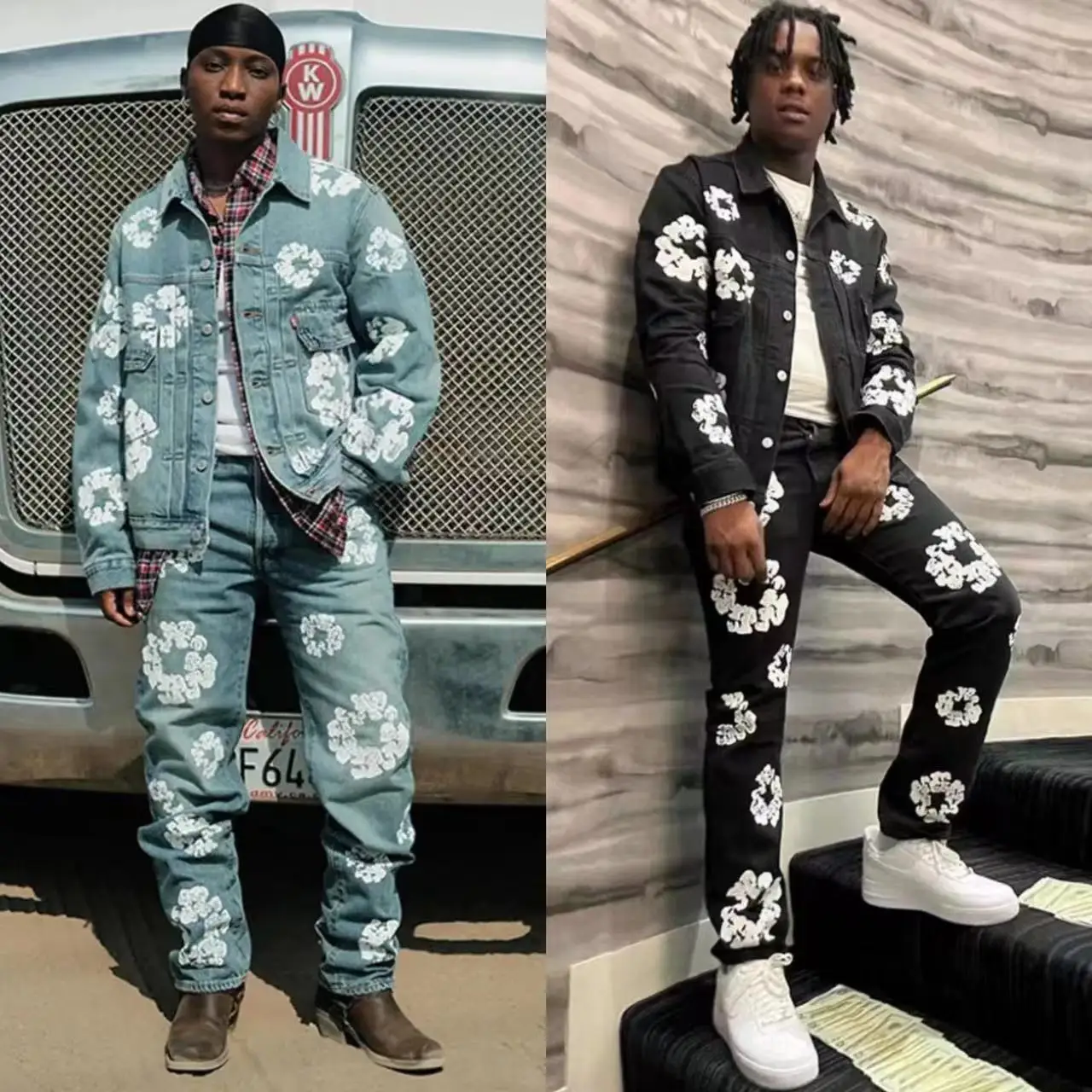 Американская уличная мода Ретро Kapok Джинсовая куртка с принтом Мужчины Женщины