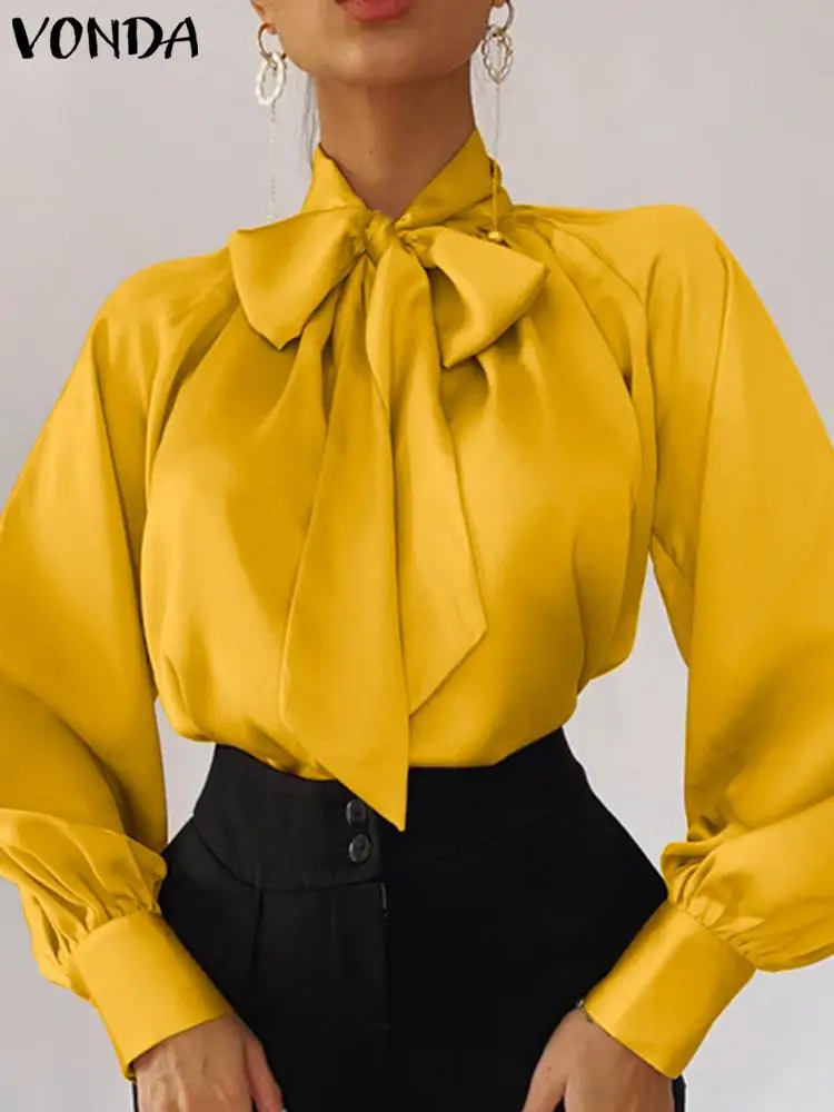 

Sexy Satin Shirts VONDA 2022 Women Casual High Neck Bow Pleated Blouse Bohemian Solid Blusas Femininas Loose Puff Sleeve Tops