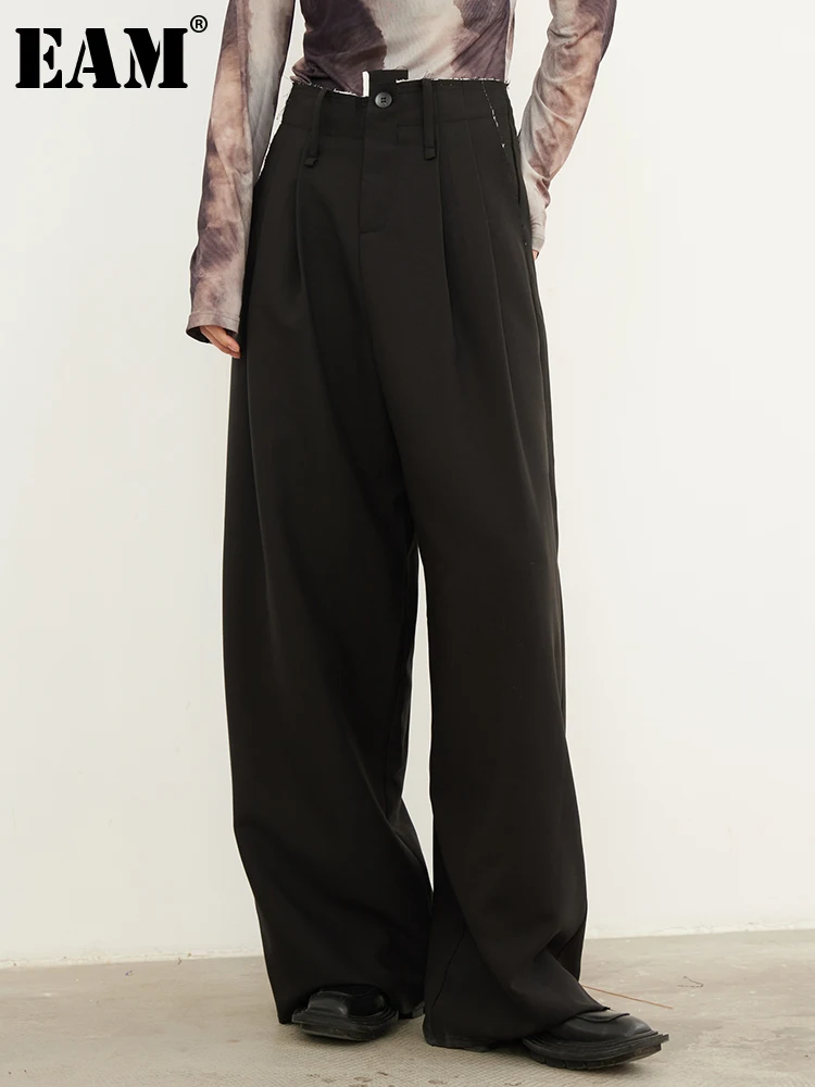 

[EAM] High Waist Black Irregular Burr Wide Leg Pleated Pants New Loose Fit Trousers Women Fashion Spring Autumn 2023 1DF7076