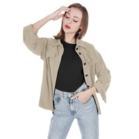 womens corduroy solid color breasted casual loose long sleeved shirt coat