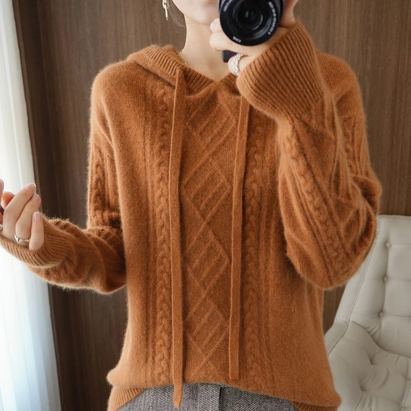 100% pure wool cashmere sweater women's autumn and winter hooded collar pullover casual knitted top korean style sweater women