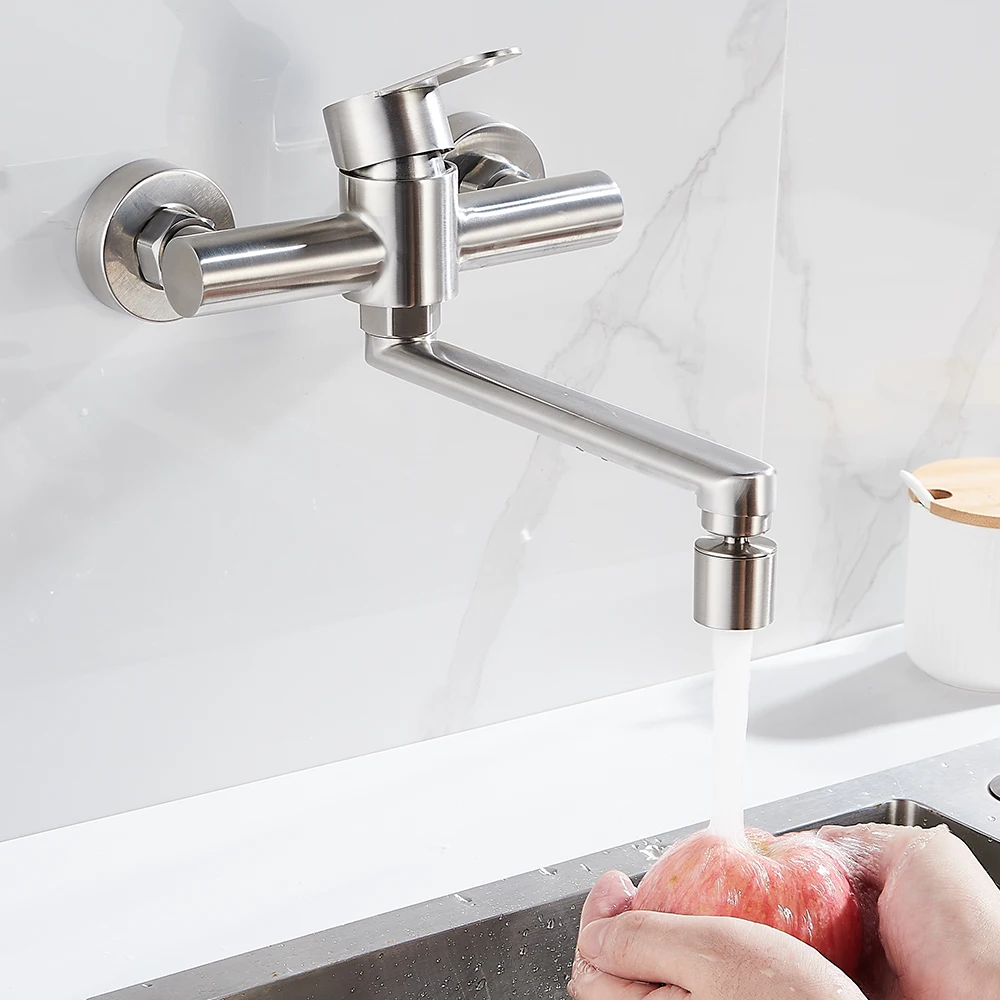 

Кухня кран настенный Нержавеющая сталь одной ручкой двойное отверстие горячей и холодной воды Смеситель кран Кухня раковина кран