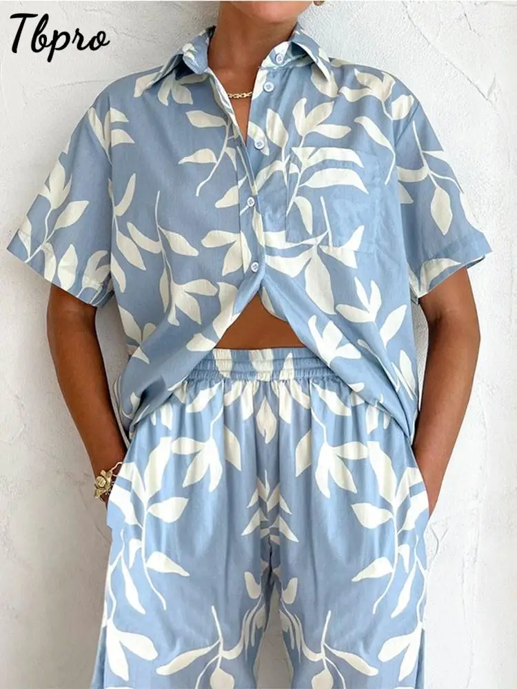 

Casual Leaf Print Pants & Shirt 2 Piece Sets Lapel Short Sleeve Button Tops Stretch Pants Suits 2023 Retro Loose Home Outfits