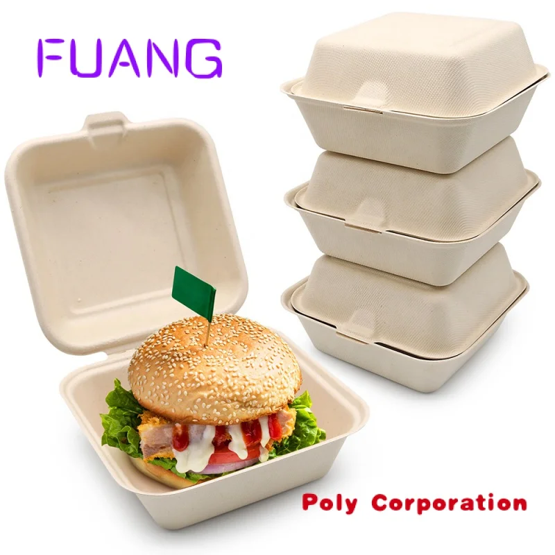 Custom 6x6 Inch Take Away Lunch Packing Fast Food Container Biodegradable Clamshell Bagasse Hamburger Sugarcane Burger Box