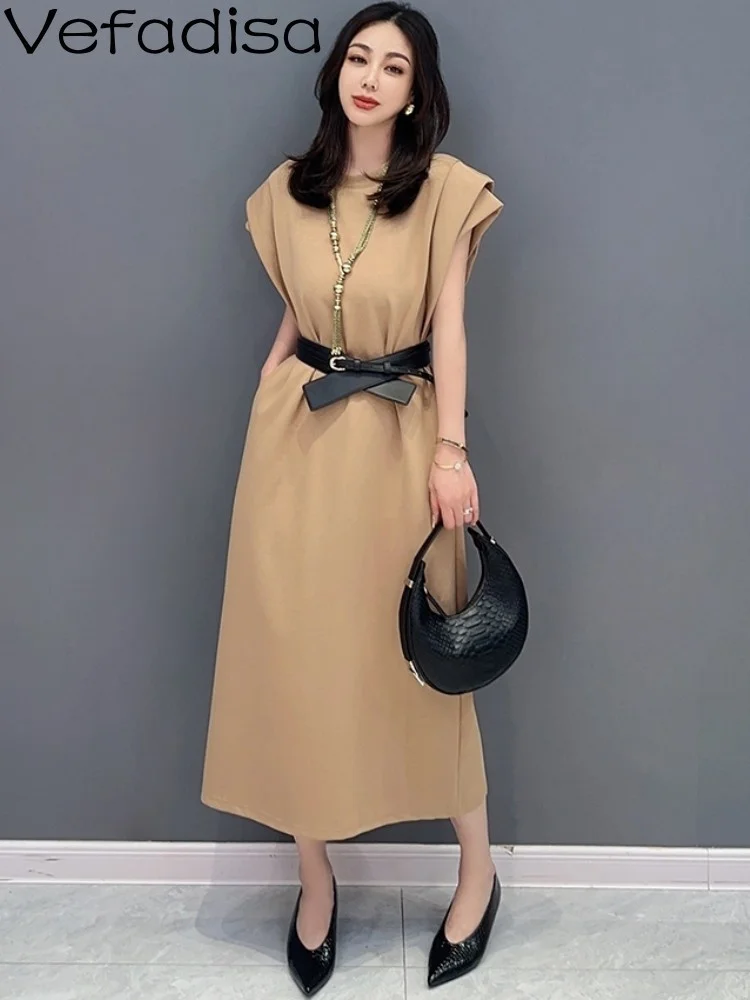 

Vefadisa 2023 Summer New Korean Style Casual Show Slim Solid Color O Neck Dress Women Aging Reduction Sleeveless Dress ZXF072B