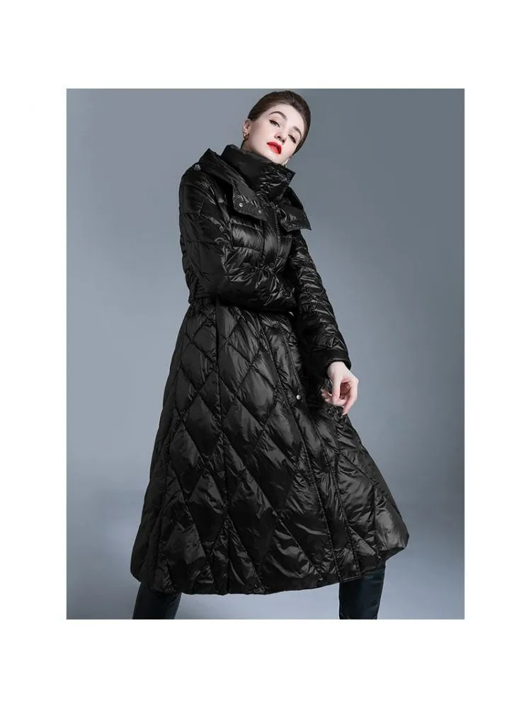 Europe 2022 Winter Long Hooded Plaid 90 White Duck Down Coats Women High-End Loose Lace Up Thicked Warmer Bread Cloth Jackets