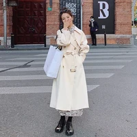 autumn mid length windbreaker with sashes double breasted casual elegant windproof outwear lapel long sleeve female trench coat
