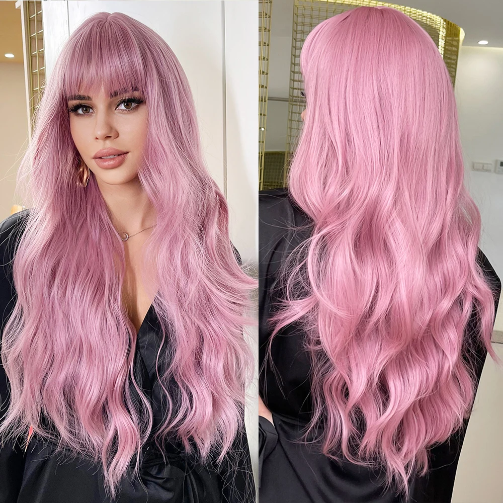 

oneNonly Long Pink Wig with Bangs Natural Wave Heat Resistant Wavy Hair Synthetic Wigs for Women Lolita Cosplay