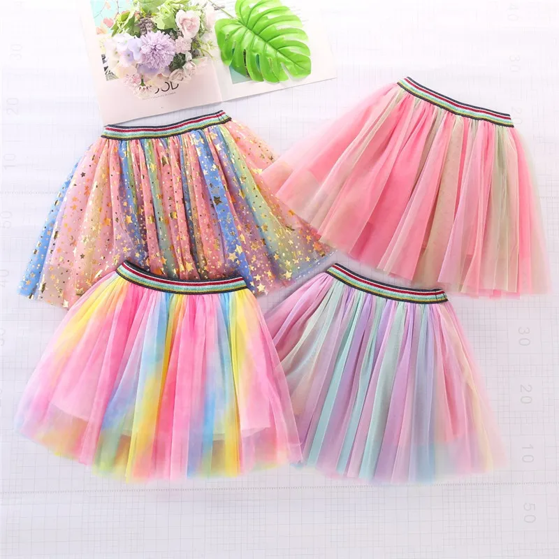 Children's Rainbow Mesh tutu Skirt for Girls Clothing Princess Kids Birthday Princess Show Dance Waist Skirt