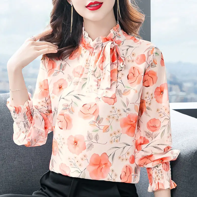 

2021 spring and autumn fashion new floral chiffon shirt long-sleeved tie stand-up collar temperament printed shirt top women