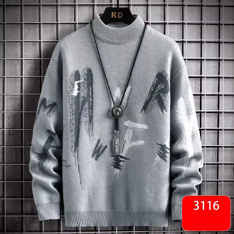 

Cotton Cashmere Half High Collar Casual Sweater Men Autumn Winter Loose Knitted Sweater Thicken Letter Pullovers Male Sweater